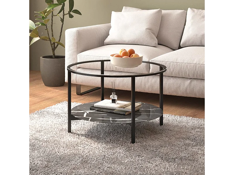 Table à thé Noir et marbre noir 70 cm Verre trempé