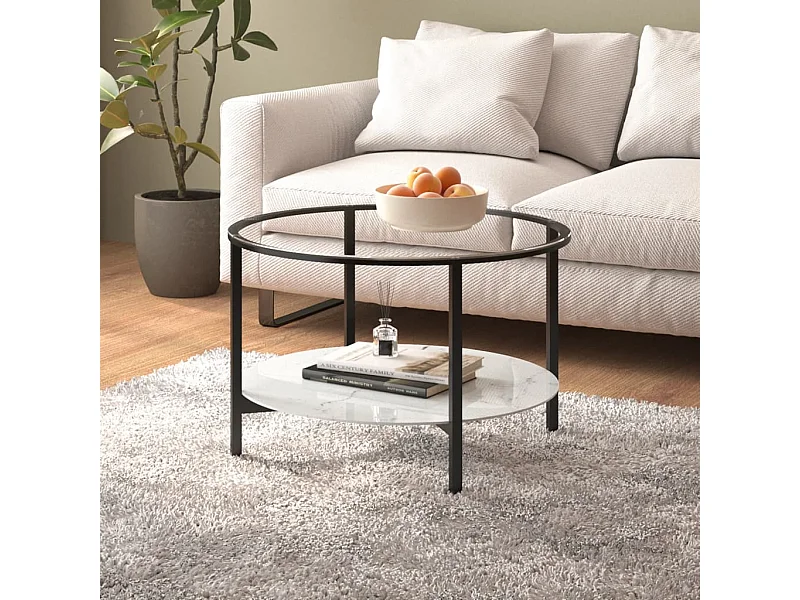 Mesa de centro vidrio templado negro y mármol blanco 70 cm