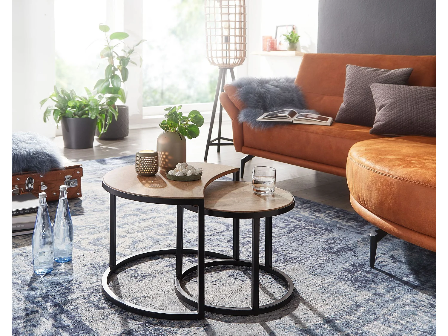 Couchtisch Massivholz Wohnzimmertisch 2 teilig Rund Beistelltisch Set