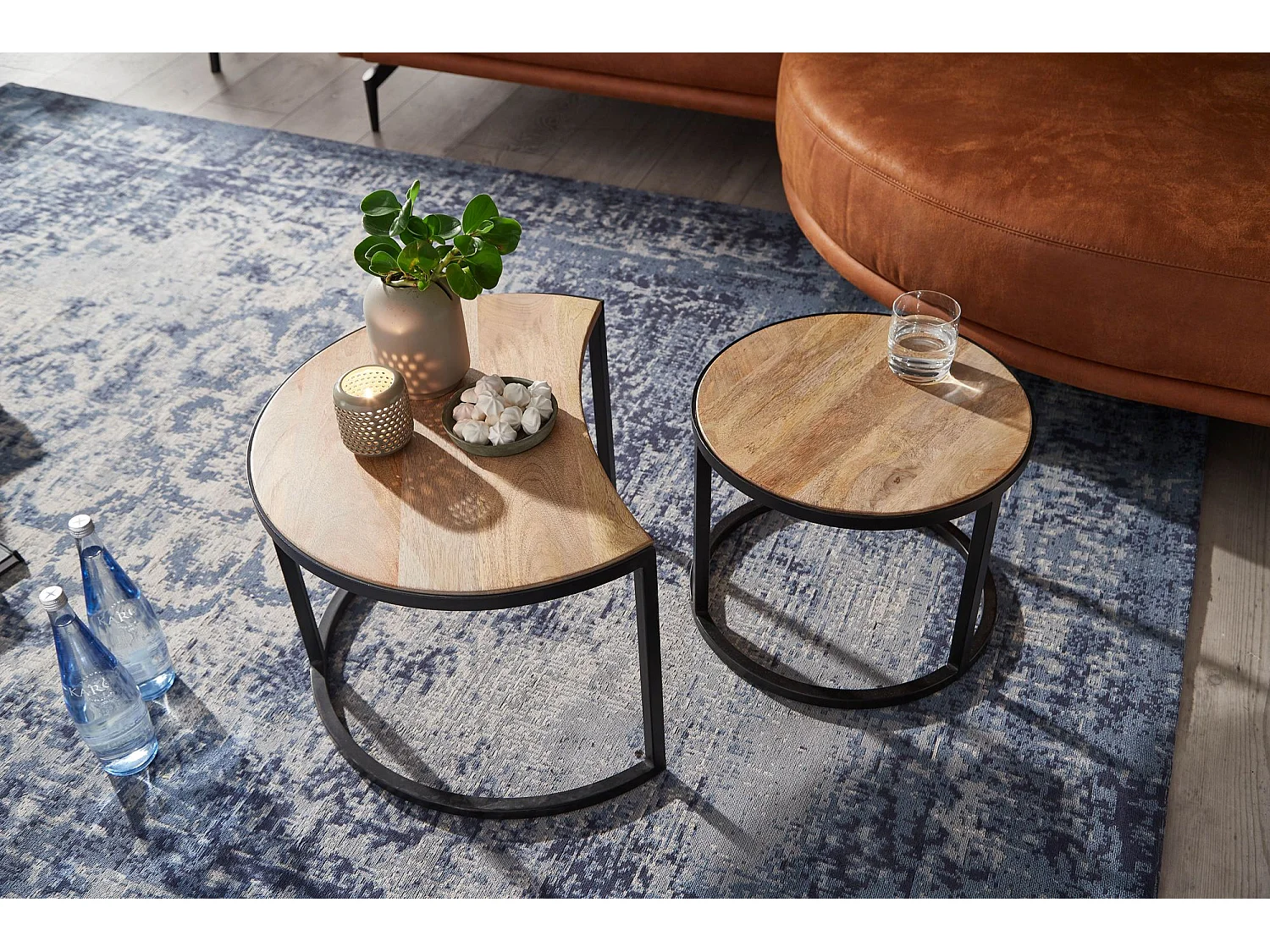 Couchtisch Massivholz Wohnzimmertisch 2 teilig Rund Beistelltisch Set