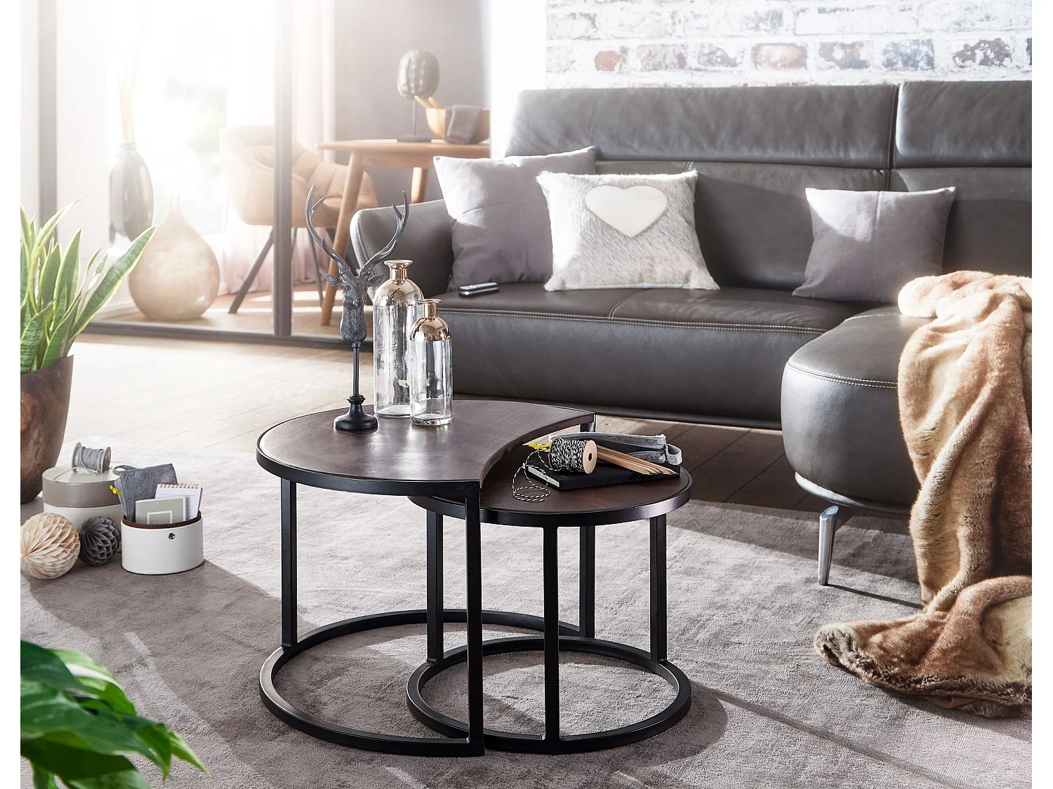 Couchtisch Massivholz Wohnzimmertisch 2 teilig Rund Beistelltisch Set