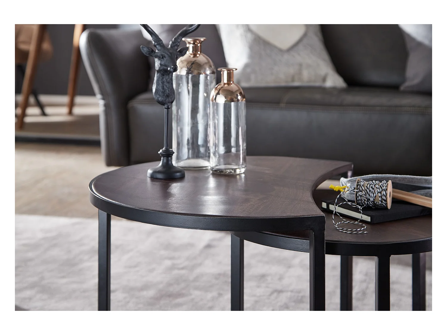 Couchtisch Massivholz Wohnzimmertisch 2 teilig Rund Beistelltisch Set