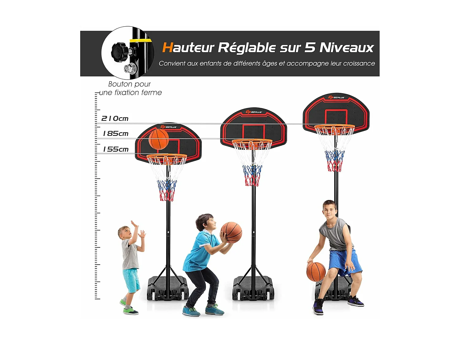 Panier de Basket-Ball sur Pied Hauteur Réglable 192–247 CM Support Portable de Basketball Sur Roulettes pour Enfant/Adultes