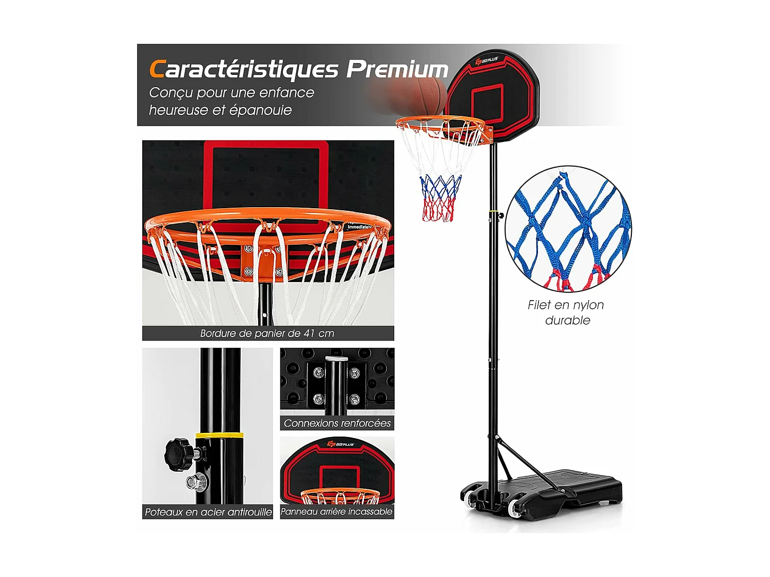 Panier de Basket-Ball sur Pied Hauteur Réglable 192–247 CM Support Portable de Basketball Sur Roulettes pour Enfant/Adultes