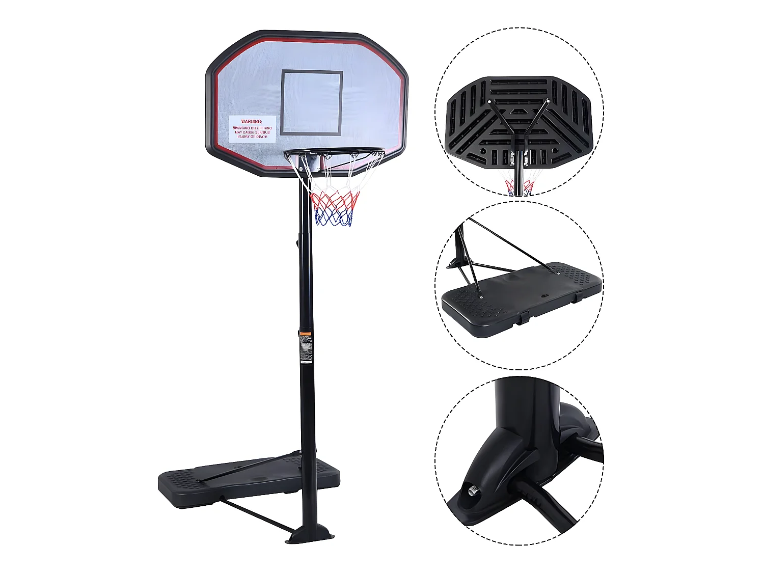 Panier de basket-ball sur pied 97x65x360cm hauteur réglable