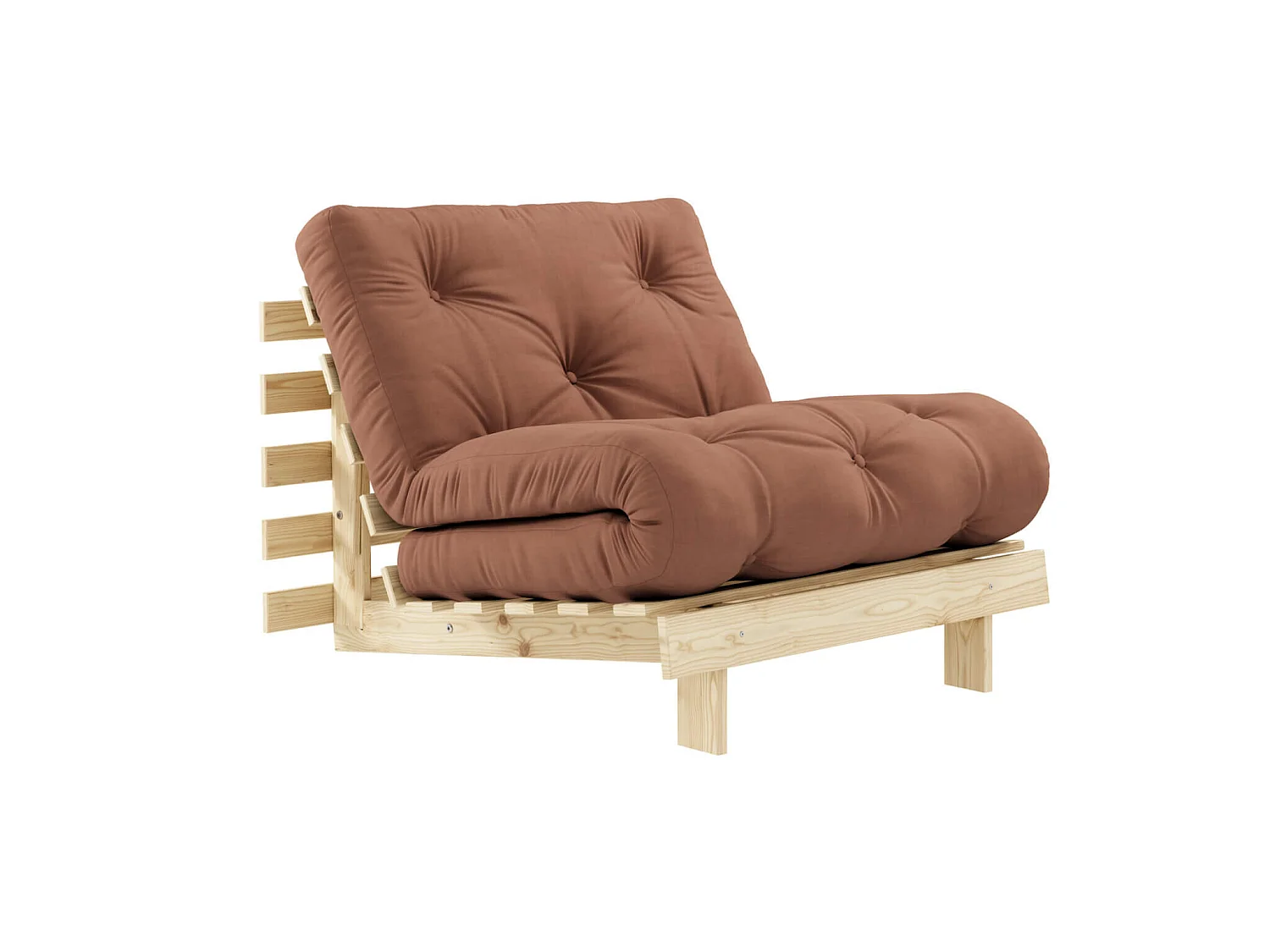 Canapé convertible ROOTS en pin massif naturel avec matelas futon noisette 90x200