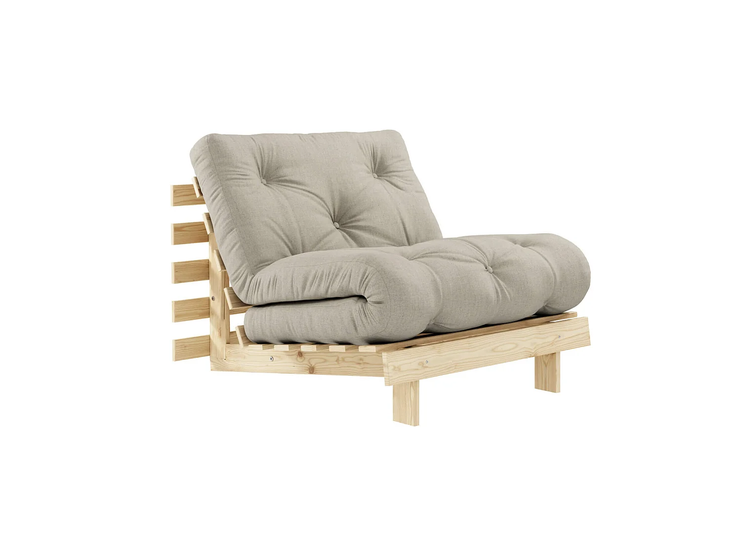 Canapé convertible ROOTS en pin massif naturel avec matelas futon lin 90x200