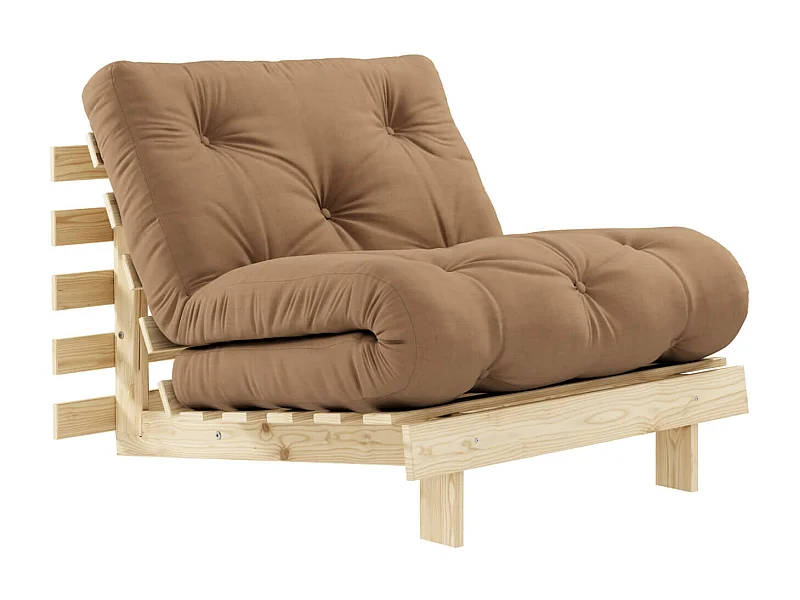 Canapé convertible ROOTS en pin massif naturel avec matelas futon marron 90x200