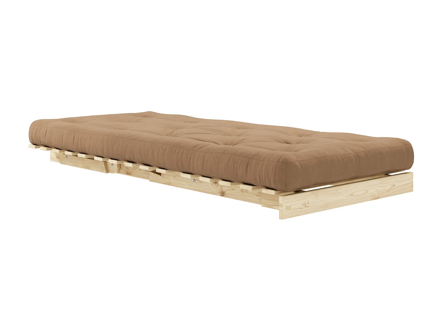Canapé convertible ROOTS en pin massif naturel avec matelas futon marron 90x200