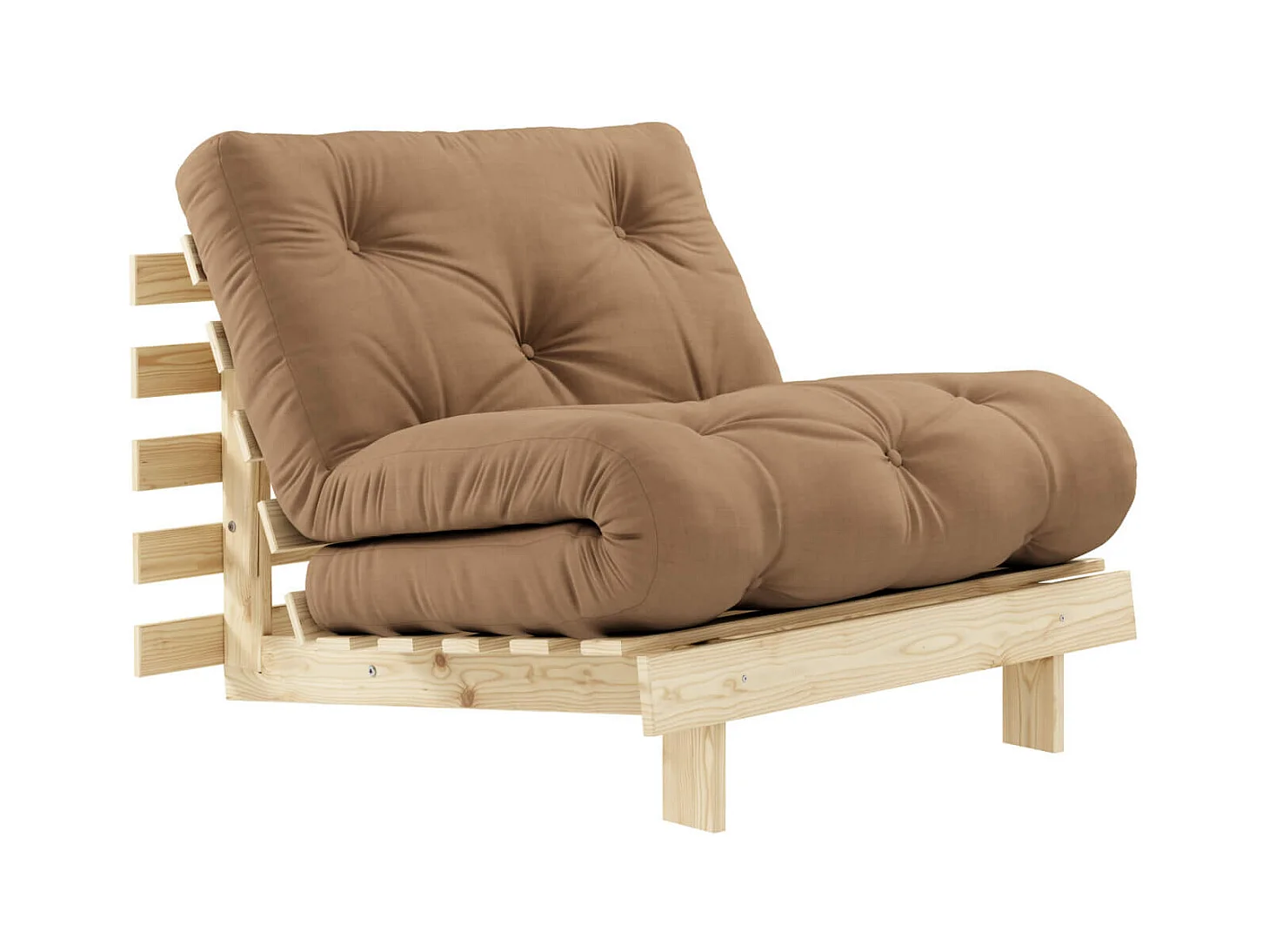 Canapé convertible ROOTS en pin massif naturel avec matelas futon marron 90x200