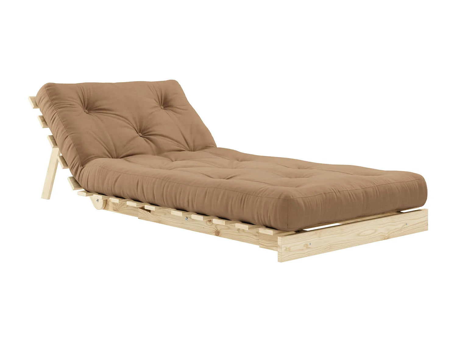 Canapé convertible ROOTS en pin massif naturel avec matelas futon marron 90x200