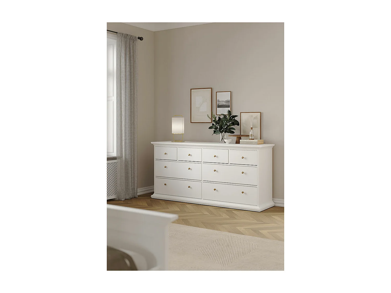 Venise Commode avec 4 grands tiroirs et 4 petits tiroirs, largeur 183 cm, hauteur 86 cm, blanc.