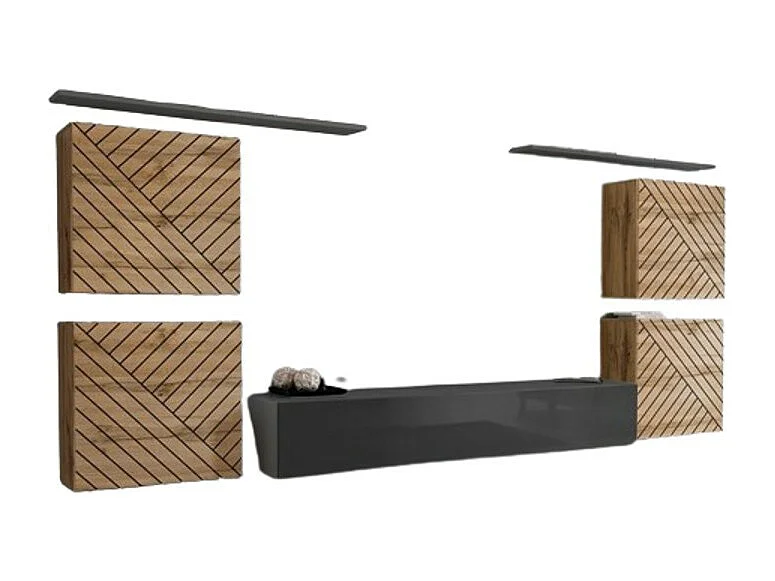 Conjunto de móveis para sala de estar SWITCH IV. Cores em carvalho e cinza. Acabamentos em carvalho fresado e cinza brilhante.