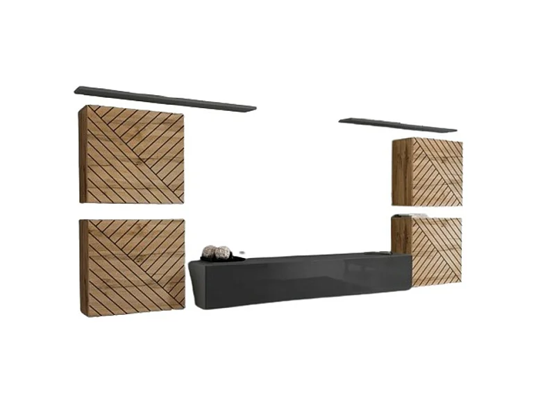 Design woonkamer meubelset SWITCH IV. Kleuren eiken en grijs. Afwerkingen in gefreesd eiken en glanzend grijs.