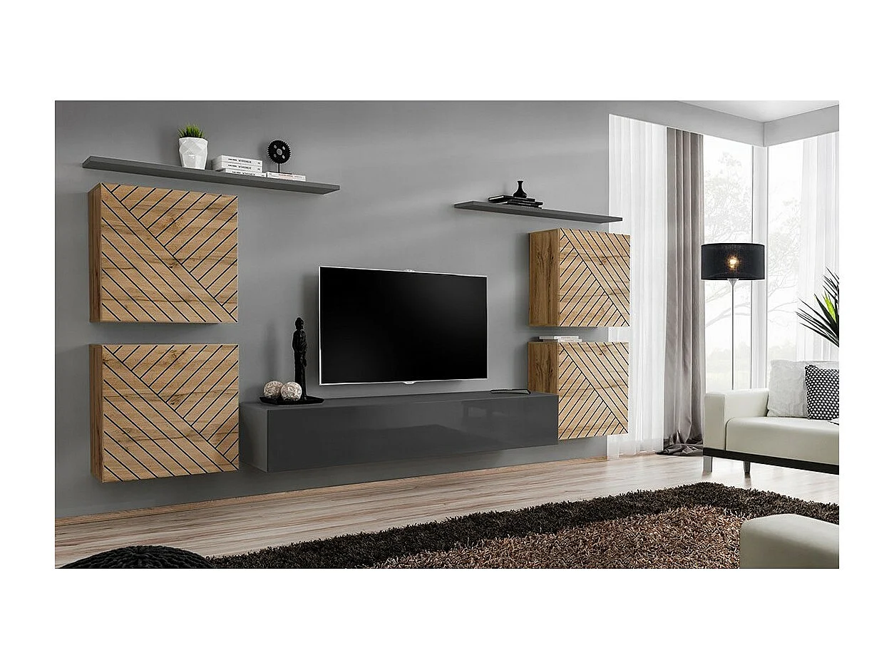 Ensemble de meubles design de salon SWITCH IV. Coloris chêne et gris. Finitions chêne fraisé et gris brillant .