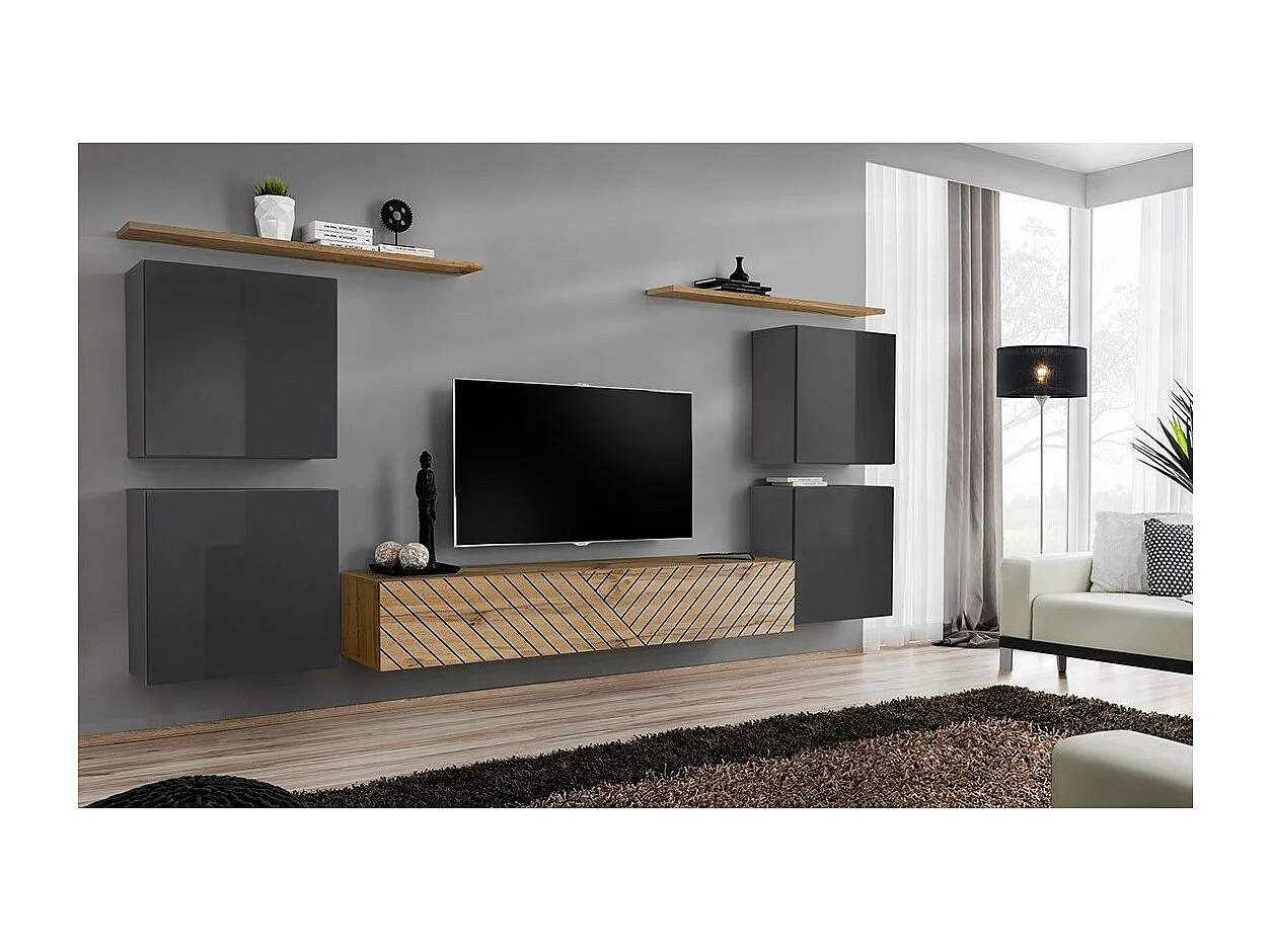 Designermöbel-Set für das Wohnzimmer SWITCH IV. Farben Grau und Eiche. Oberflächen in glänzendem Grau und gefräster Eiche.