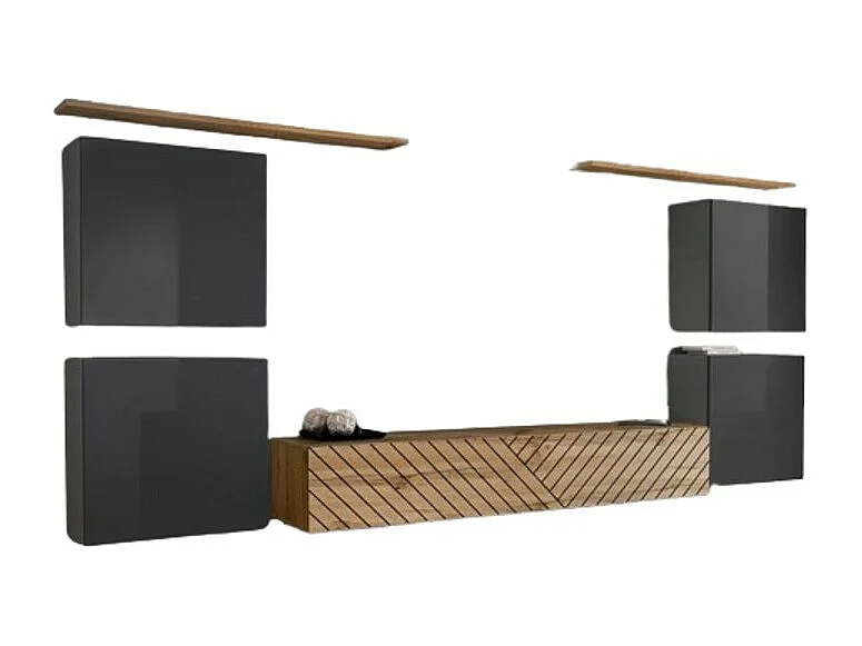 Ensemble de meubles design de salon SWITCH IV. Coloris gris et chêne. Finitions gris brillant et chêne fraisé.