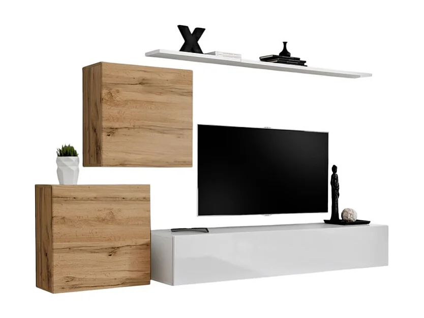 Design woonkamermeubelset SWITCH V, in eiken en witte kleur, afwerkingen in gefreesd eiken en glanzend wit.