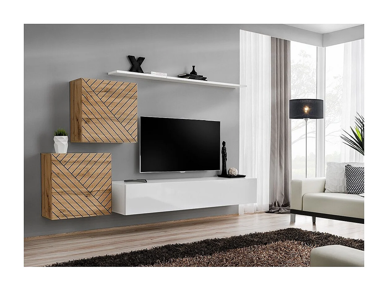 Design woonkamermeubelset SWITCH V, in eiken en witte kleur, afwerkingen in gefreesd eiken en glanzend wit.