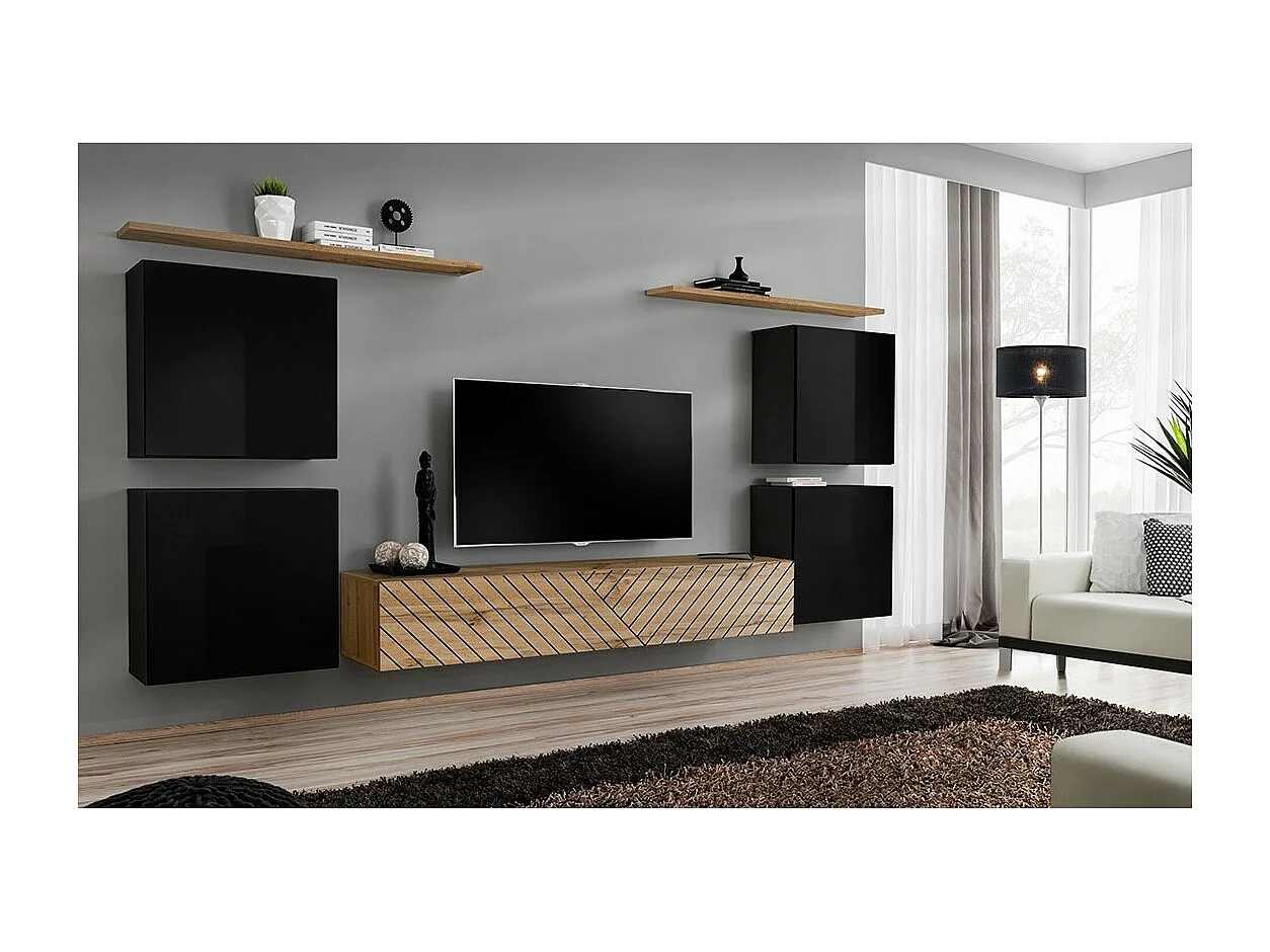 Design-Wohnzimmermöbelset SWITCH IV. Farben Schwarz und Eiche. Oberflächen in glänzendem Schwarz und gefrästem Eichenholz.