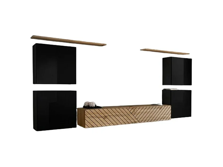 Ensemble de meubles design de salon SWITCH IV. Coloris noir et chêne. Finitions noir brillant et chêne fraisé.