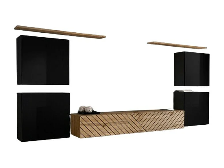 Ensemble de meubles design de salon SWITCH IV. Coloris noir et chêne. Finitions noir brillant et chêne fraisé.