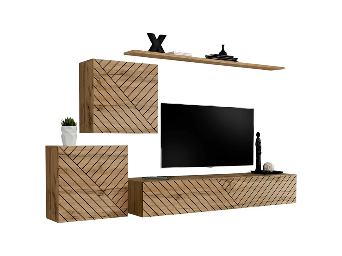 Design woonkamerset SWITCH V, in Wotan eikenkleur met gefreesde afwerkingen.