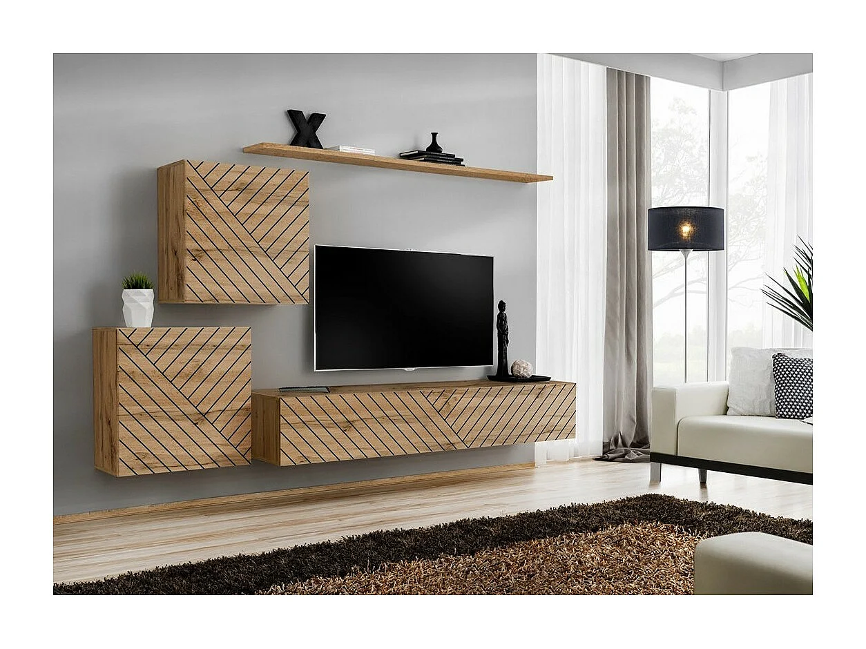 Ensemble de meubles design de salon SWITCH V, coloris chêne wotan finitions fraisées.