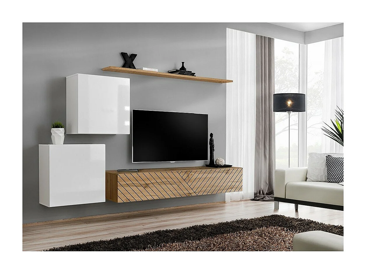 Conjunto de móveis de sala de estar SWITCH V, nas cores branco e carvalho. Acabamentos em branco brilhante e carvalho usinado.