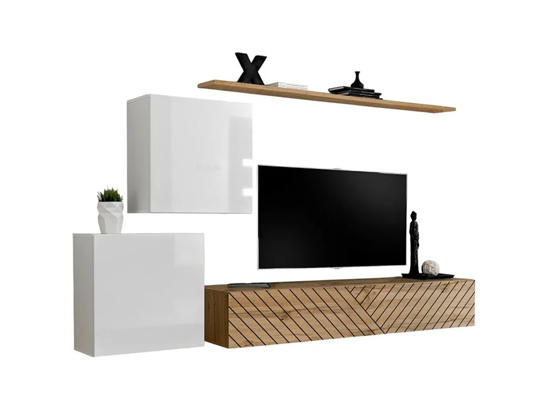 Ensemble de meubles design de salon SWITCH V, coloris blanc et chêne. Finitions blanc brillant et chêne fraisé.