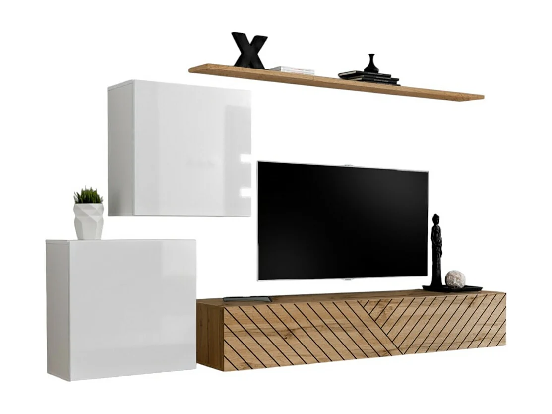 Set di mobili da soggiorno design SWITCH V, colori bianco e rovere. Finiture in bianco lucido e rovere fresato.