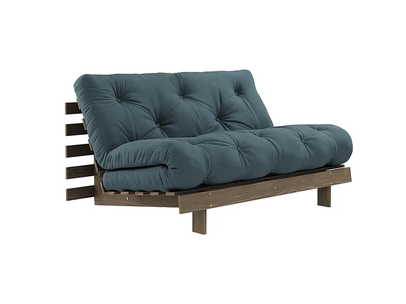 Canapé convertible ROOTS en pin massif foncé et matelas futon bleu canard 140x200