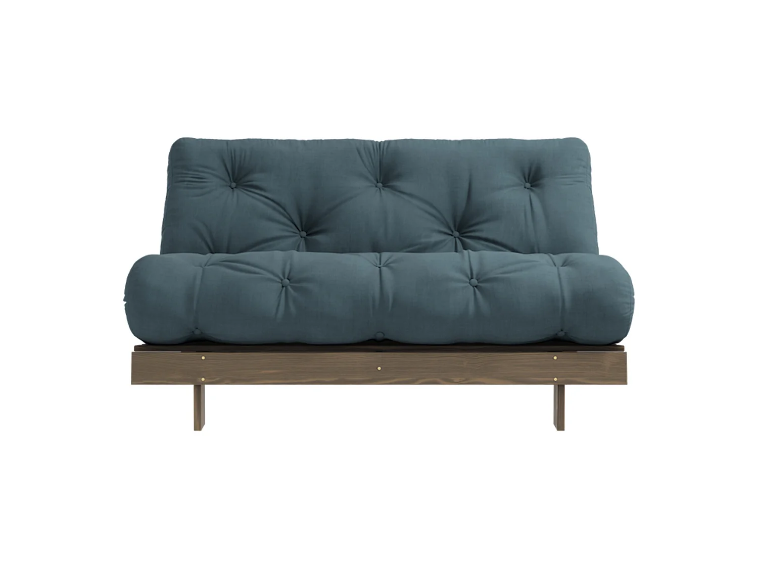 Canapé convertible ROOTS en pin massif foncé et matelas futon bleu canard 140x200
