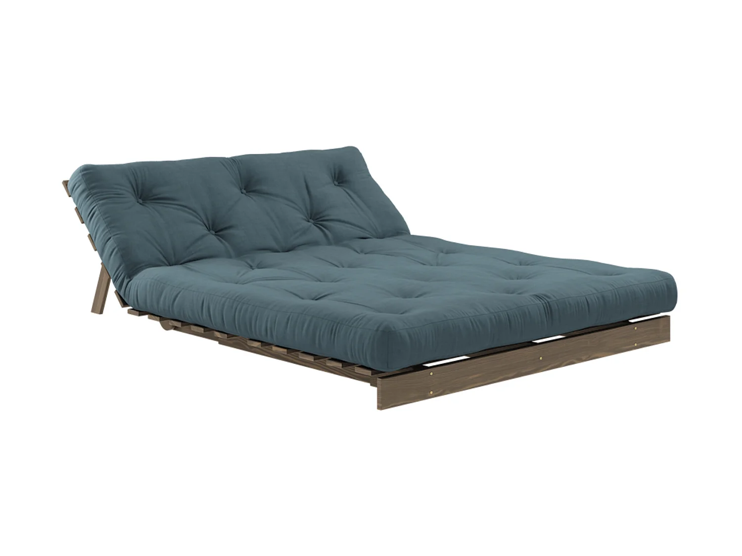 Canapé convertible ROOTS en pin massif foncé et matelas futon bleu canard 140x200