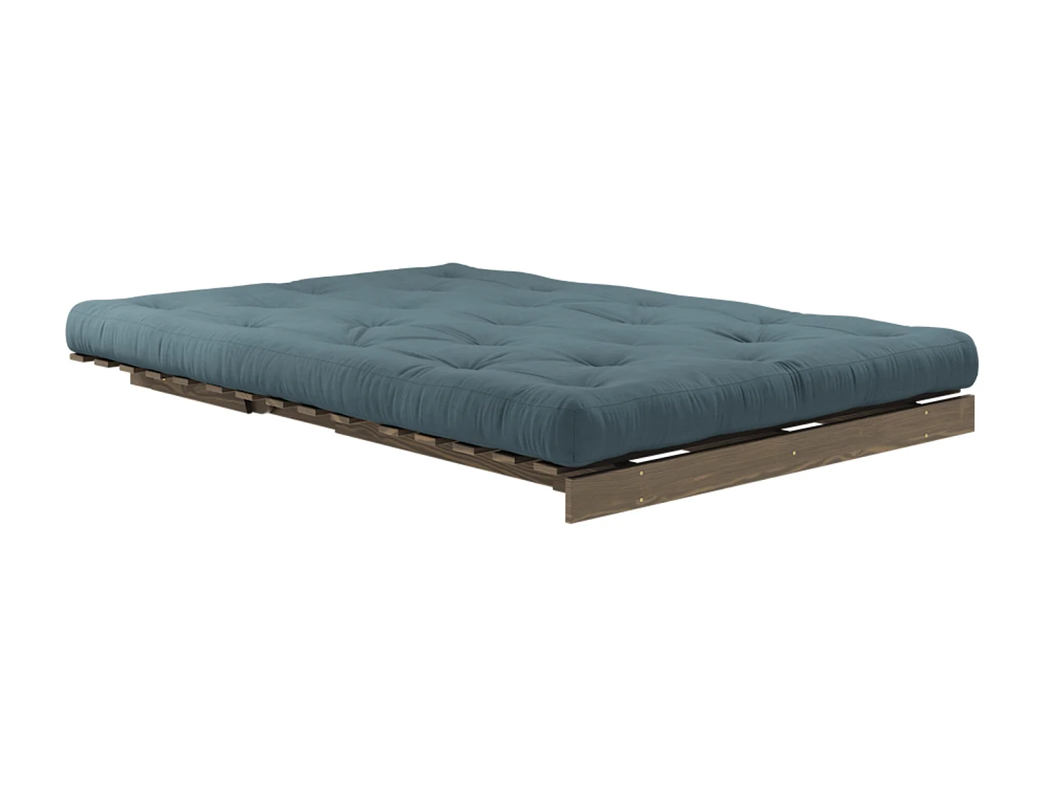 Canapé convertible ROOTS en pin massif foncé et matelas futon bleu canard 140x200