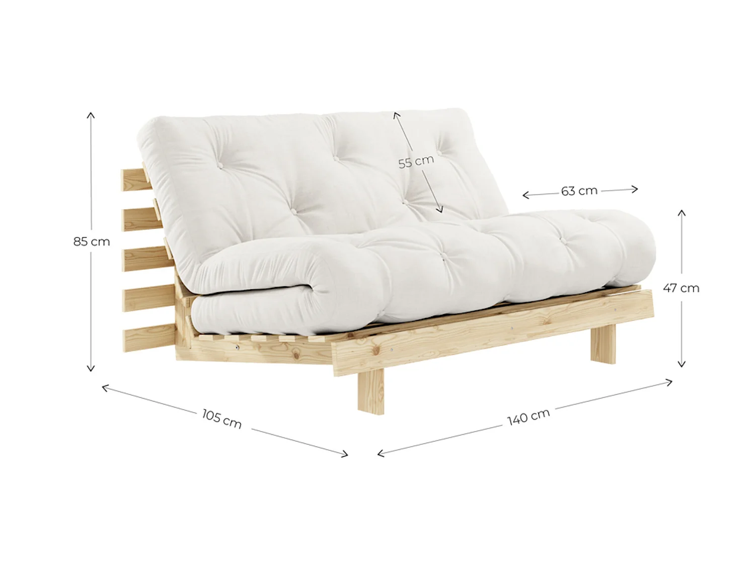 Canapé convertible ROOTS en pin massif foncé et matelas futon bleu canard 140x200