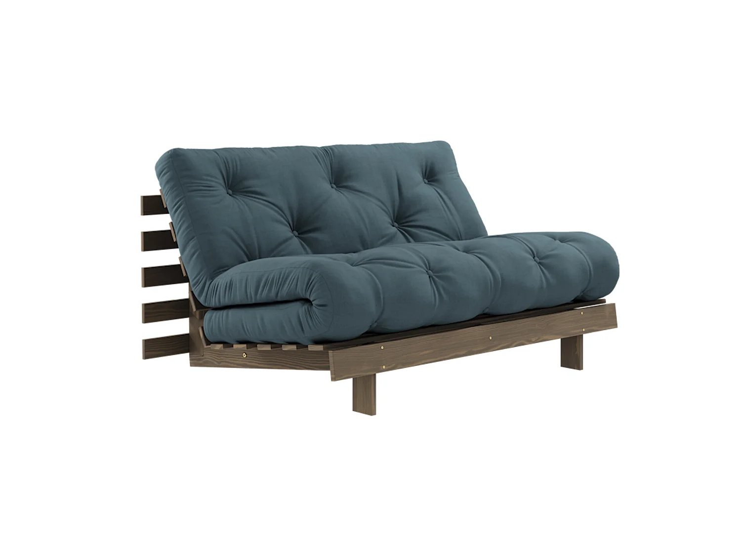 Canapé convertible ROOTS en pin massif foncé et matelas futon bleu canard 140x200