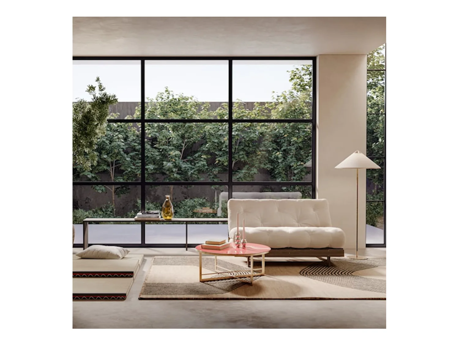 Canapé convertible ROOTS en pin massif foncé et matelas futon bleu canard 140x200