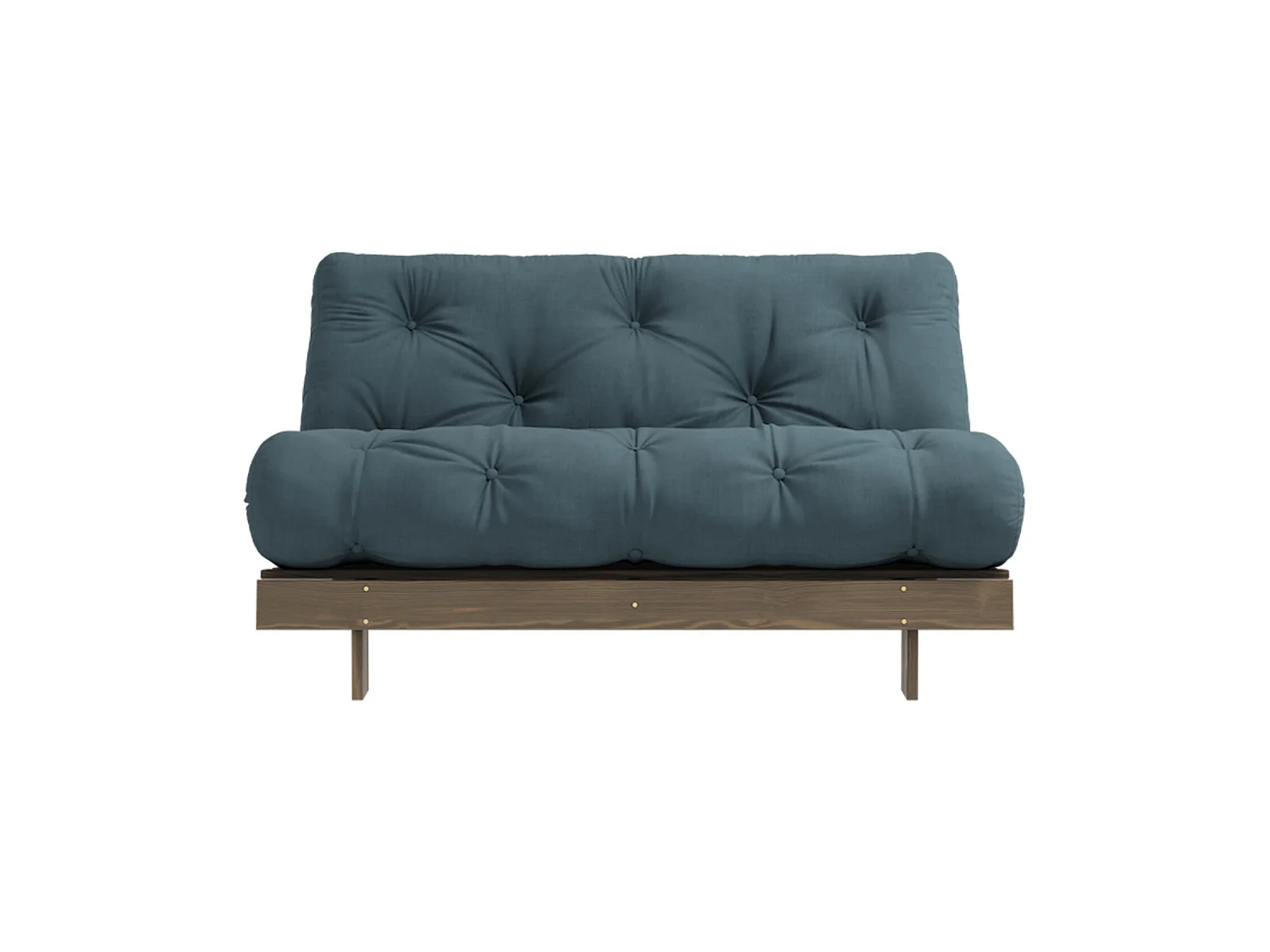 Canapé convertible ROOTS en pin massif foncé et matelas futon bleu canard 140x200