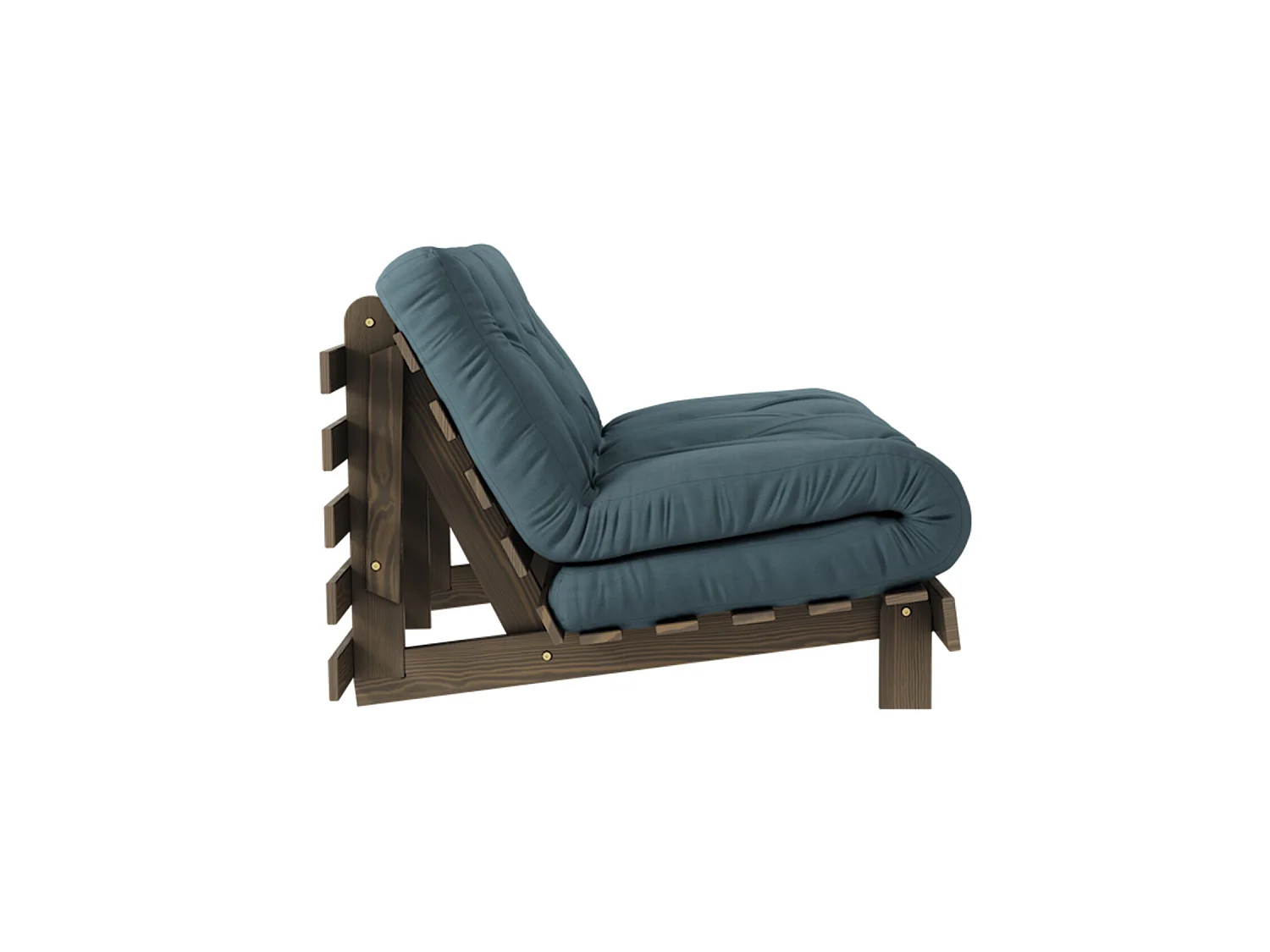 Canapé convertible ROOTS en pin massif foncé et matelas futon bleu canard 140x200
