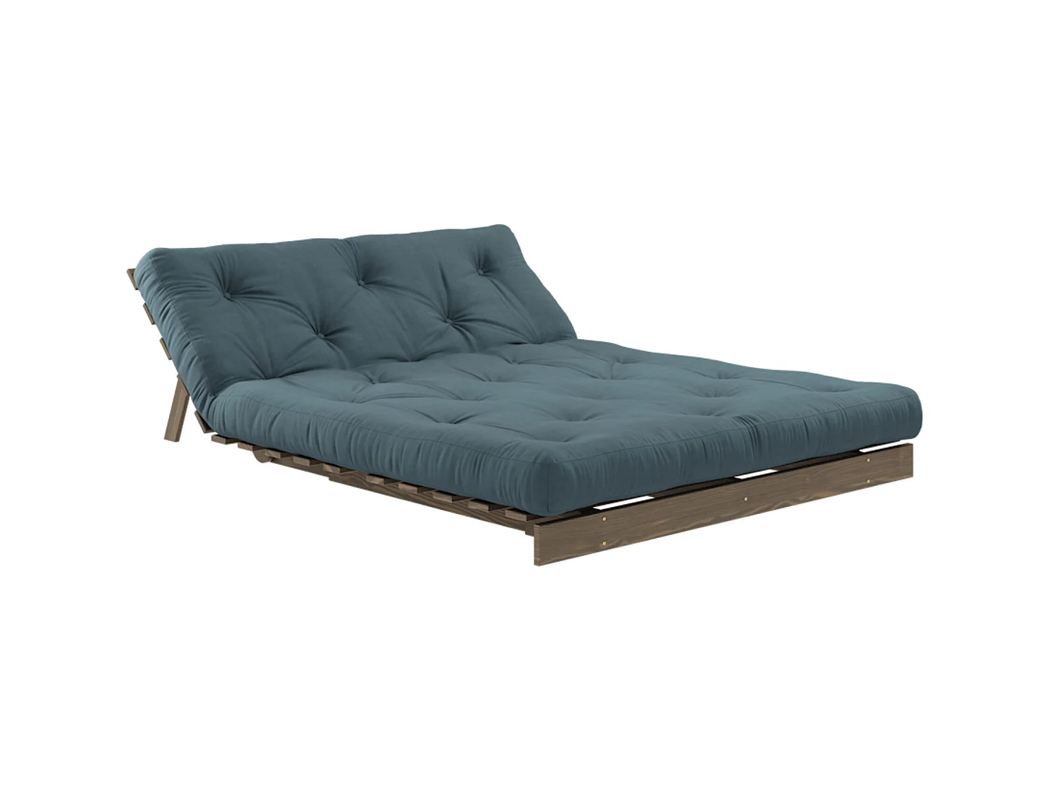 Canapé convertible ROOTS en pin massif foncé et matelas futon bleu canard 140x200
