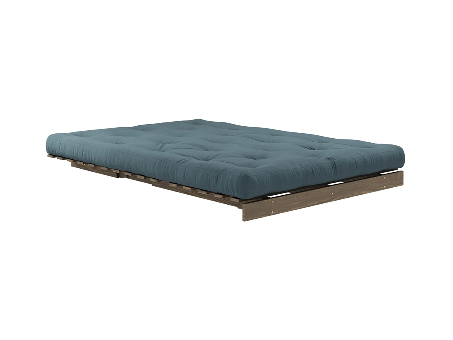 Canapé convertible ROOTS en pin massif foncé et matelas futon bleu canard 140x200