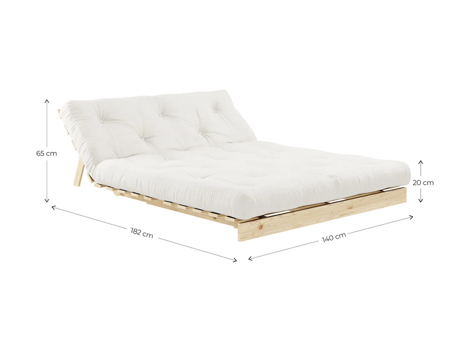 Canapé convertible ROOTS en pin massif foncé et matelas futon bleu canard 140x200