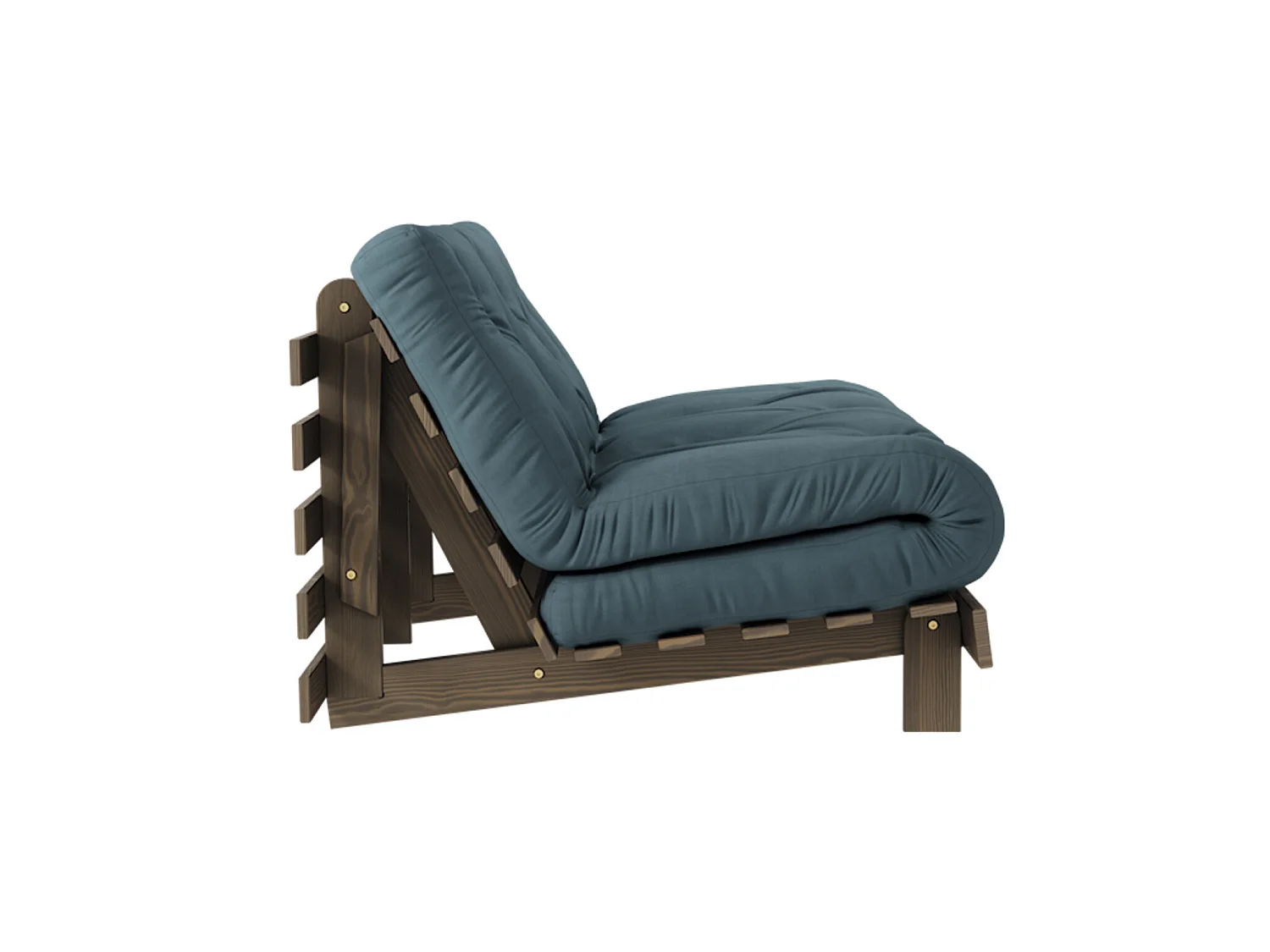 Canapé convertible ROOTS en pin massif foncé et matelas futon bleu canard 140x200