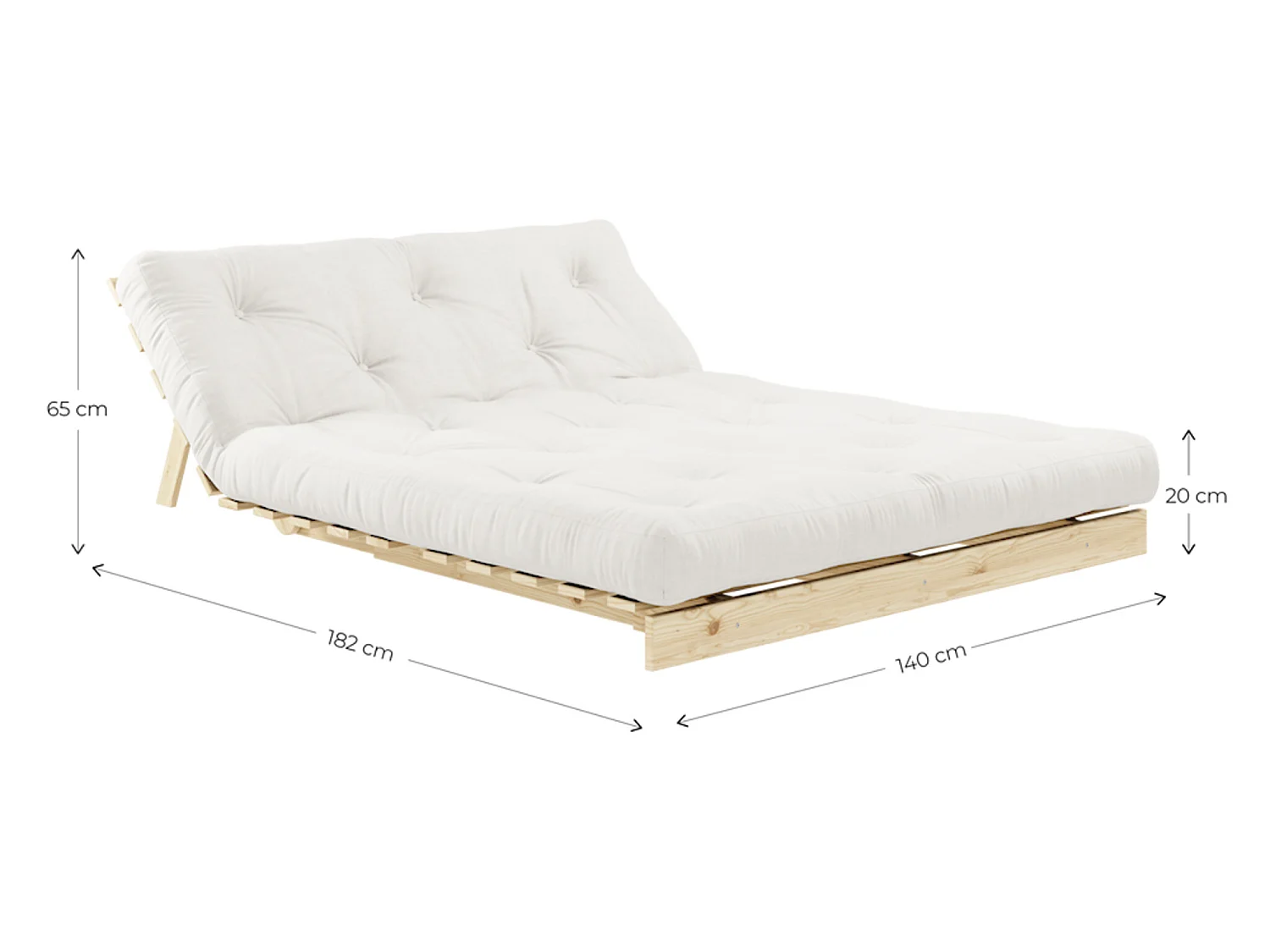 Canapé convertible ROOTS en pin massif foncé et matelas futon bleu canard 140x200