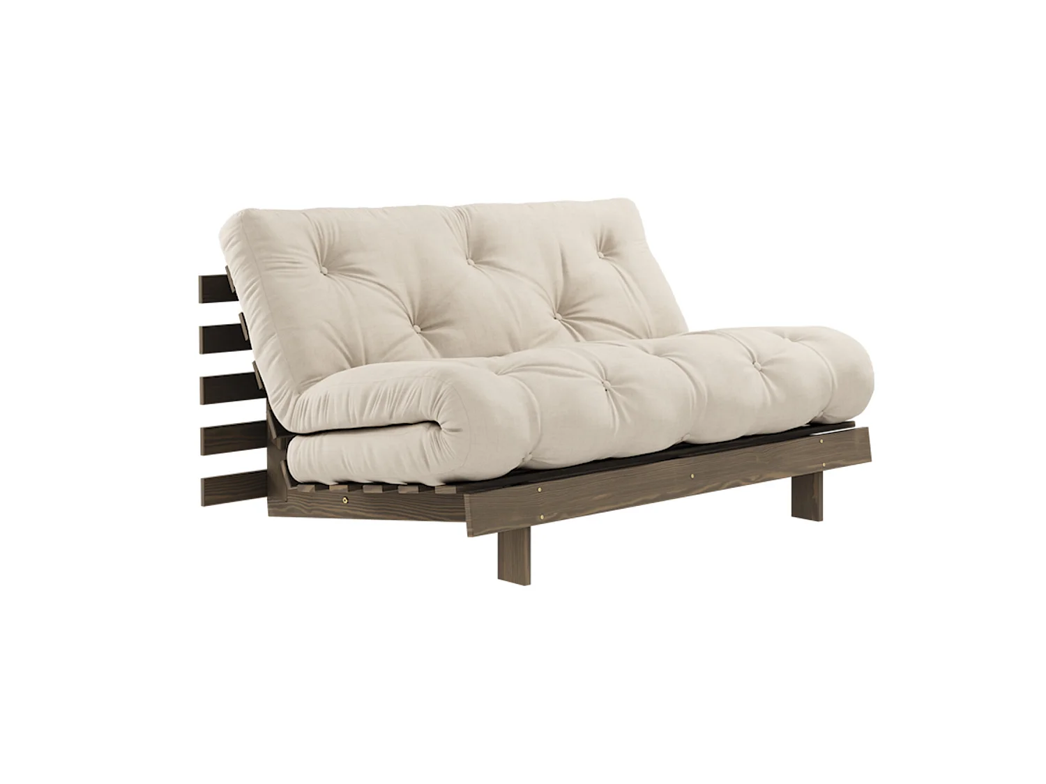 Canapé convertible ROOTS en pin massif foncé et matelas futon beige 140x200