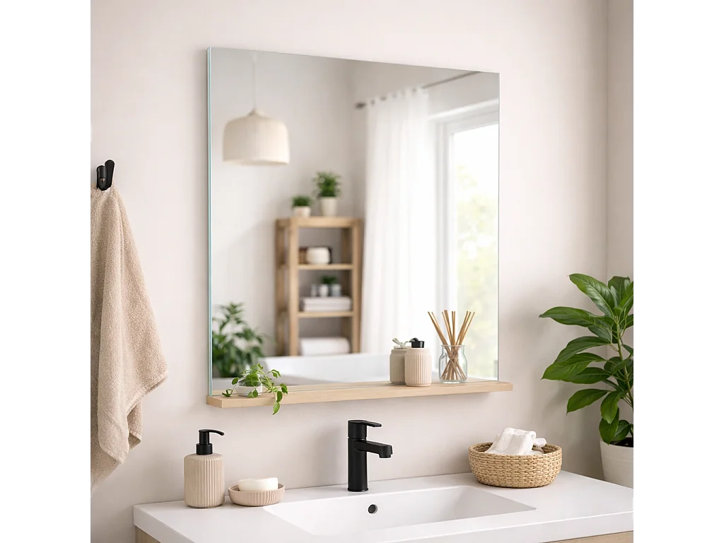 Miroir GREELEY avec Tablette en Chêne pour Salle de Bain Moderne