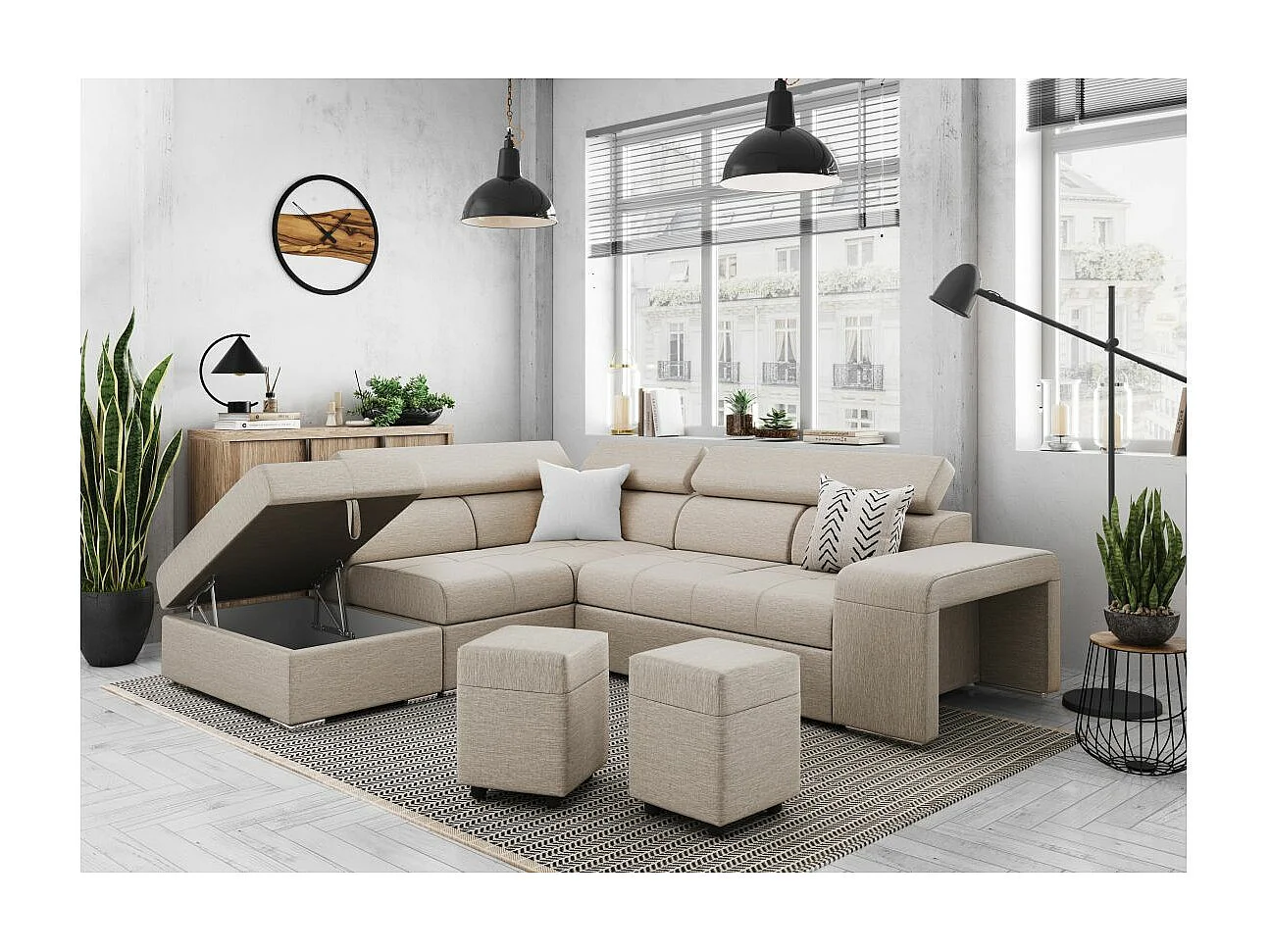 Canapé d'angle gauche 3 places Soan convertible en tissu - Beige - L262 x P220 x H76cm - Loungitude