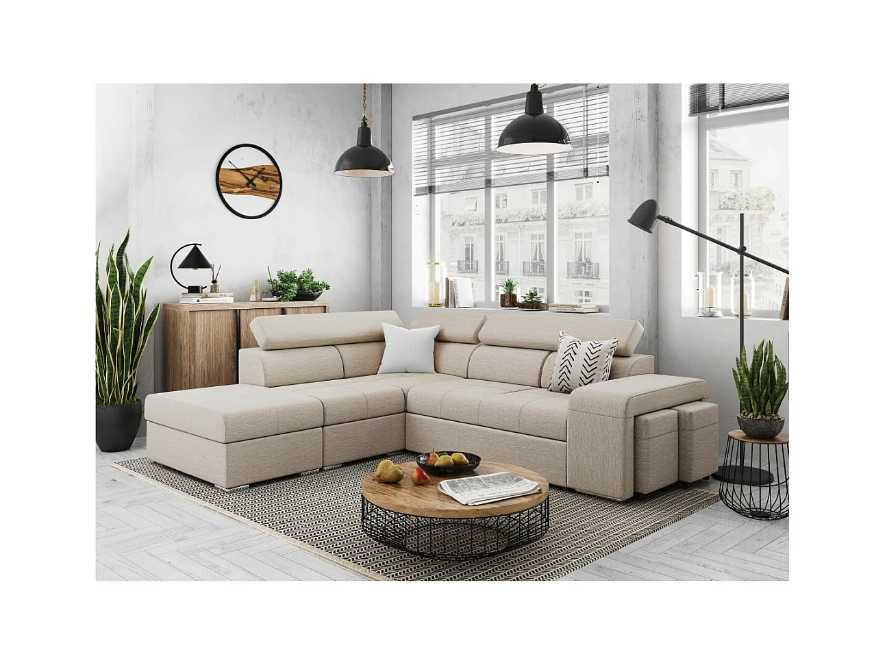 Canapé d'angle gauche 3 places Soan convertible en tissu - Beige - L262 x P220 x H76cm - Loungitude