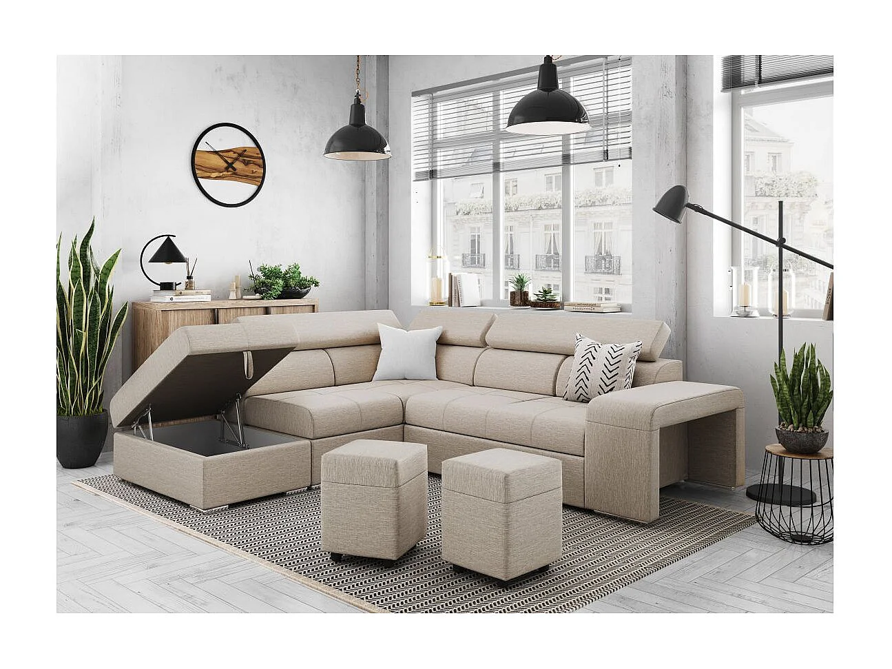 Canapé d'angle gauche 3 places Soan convertible en tissu - Beige - L262 x P220 x H76cm - Loungitude